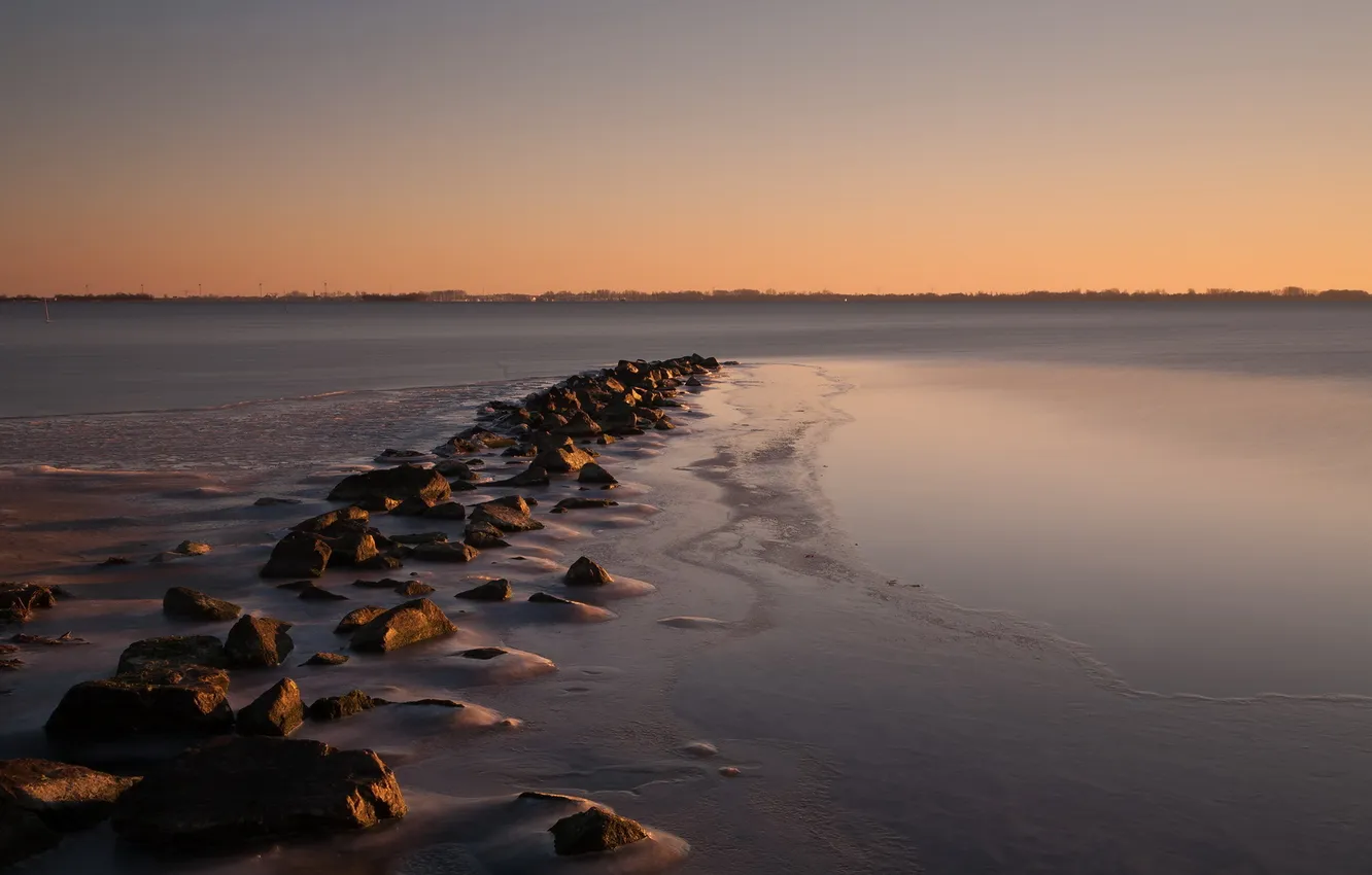 Photo wallpaper landscape, sunset, river, stones
