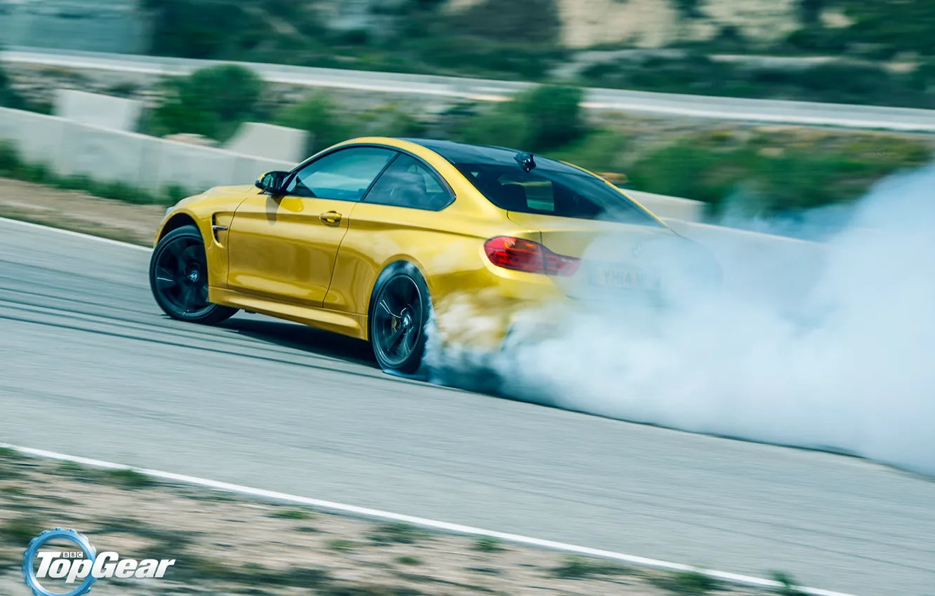 Photo wallpaper BMW, Top Gear, Car, Yellow, Smoke, Sport, Track, Rear
