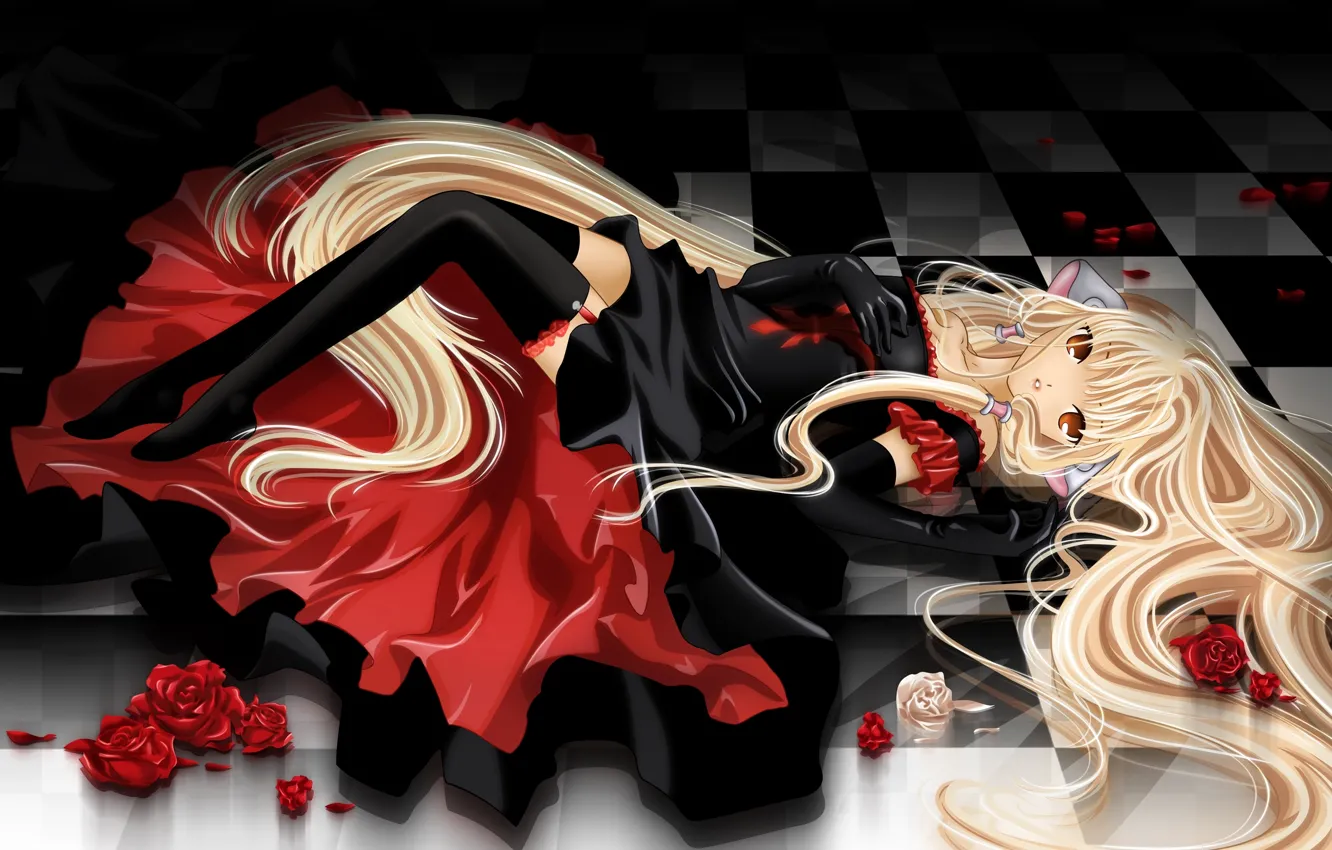 Photo wallpaper girl, roses, stockings, dress, lies, zettai ryouiki, chii, chobits