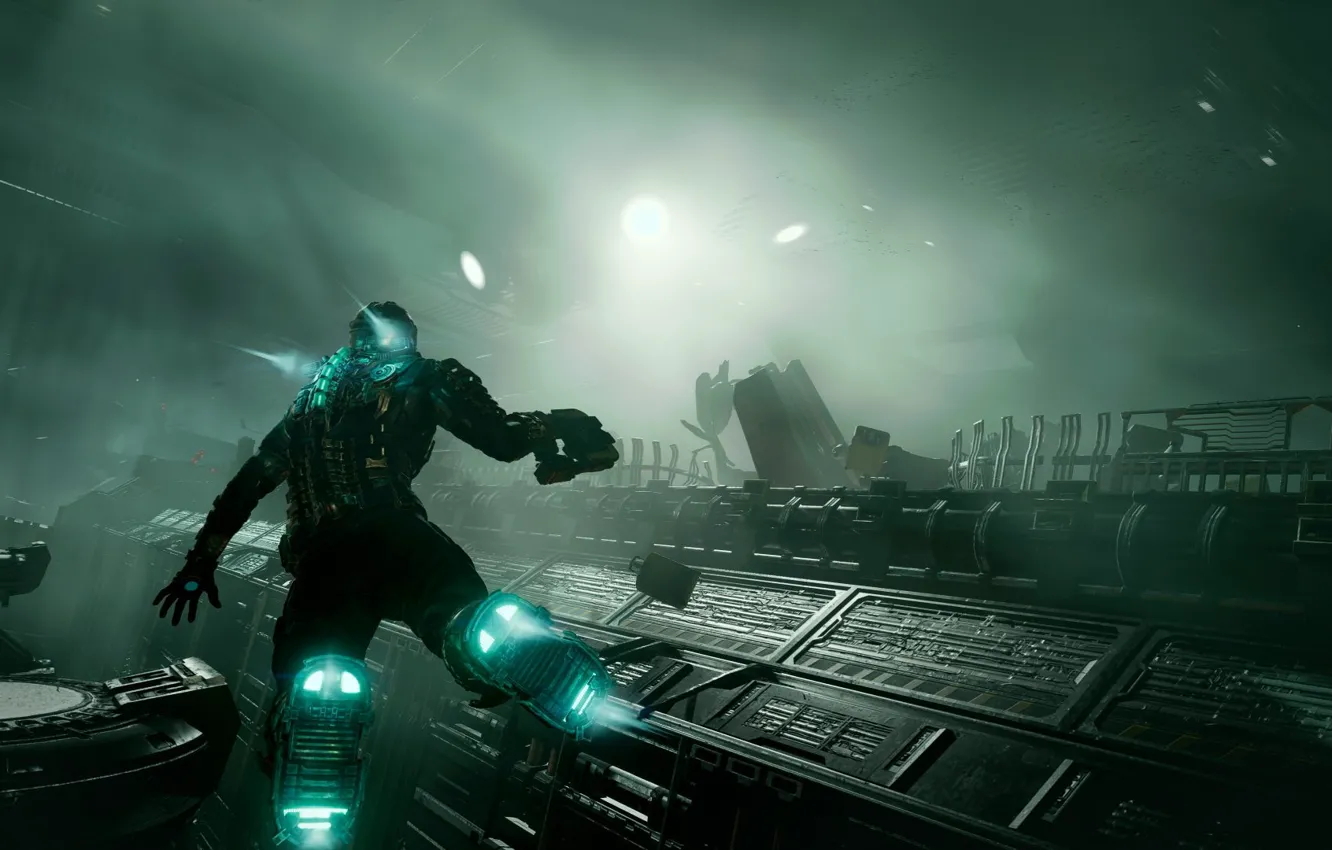 Photo wallpaper horror, game, fly, Isaac Clark, engineer suit, Zero Gravity, 2023, Dead Space Remake