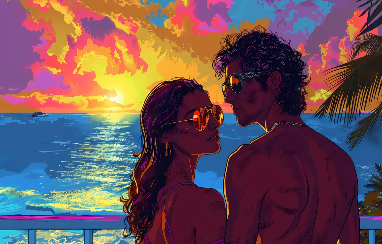 Photo wallpaper sea, girl, the sun, clouds, sunset, style, retro, palm trees