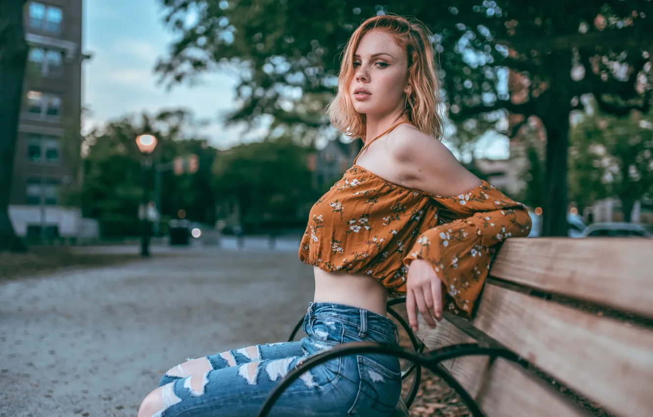 Photo wallpaper girl, street, bench