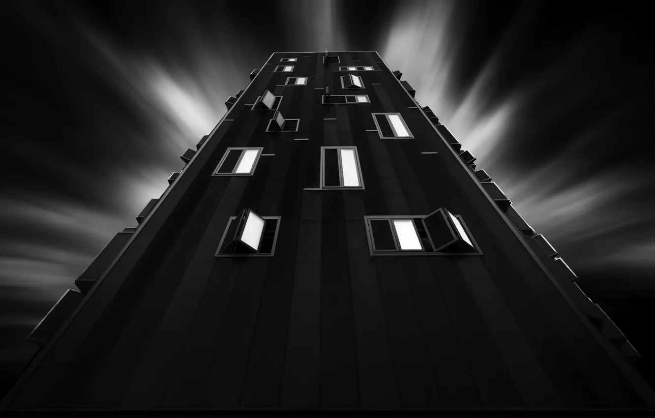 Photo wallpaper clouds, the city, up, home, window, black and white photo