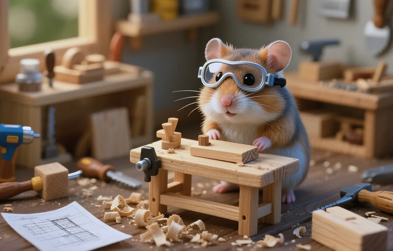 Photo wallpaper Hamster, tools, Workshop, carpenter
