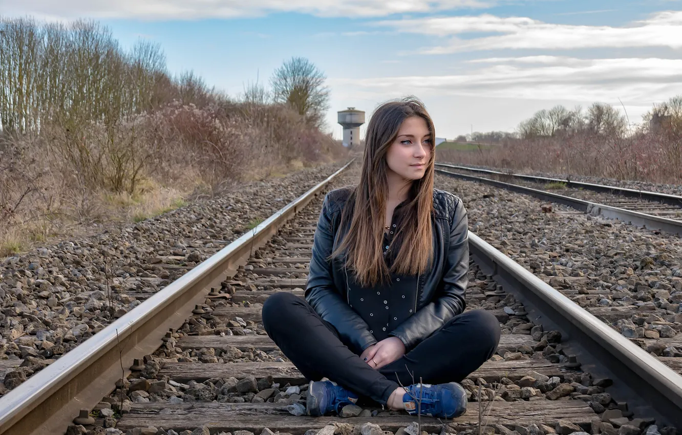 Photo wallpaper girl, rails, sitting, cutie, Julie