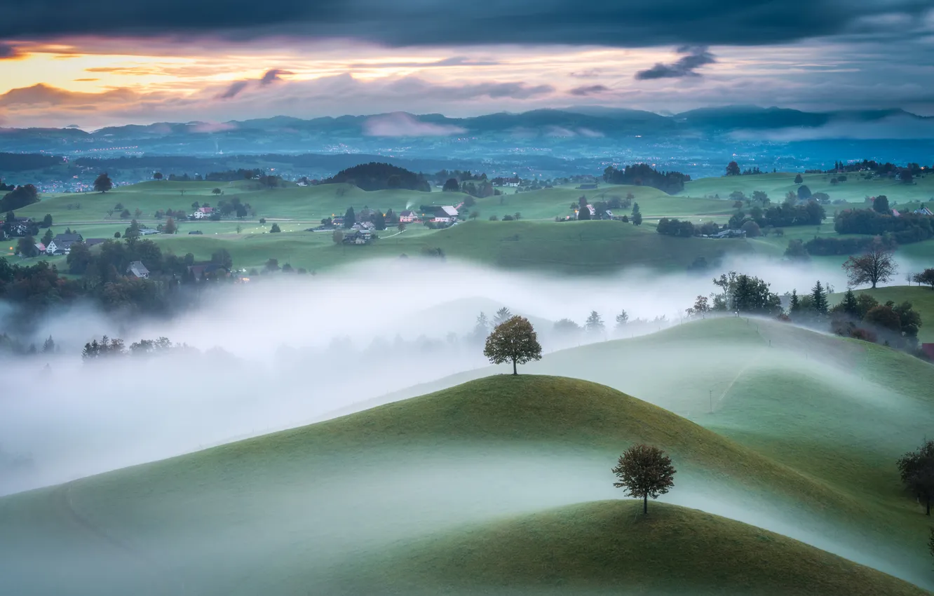 Photo wallpaper clouds, trees, mountains, fog, hills, dal, village, haze
