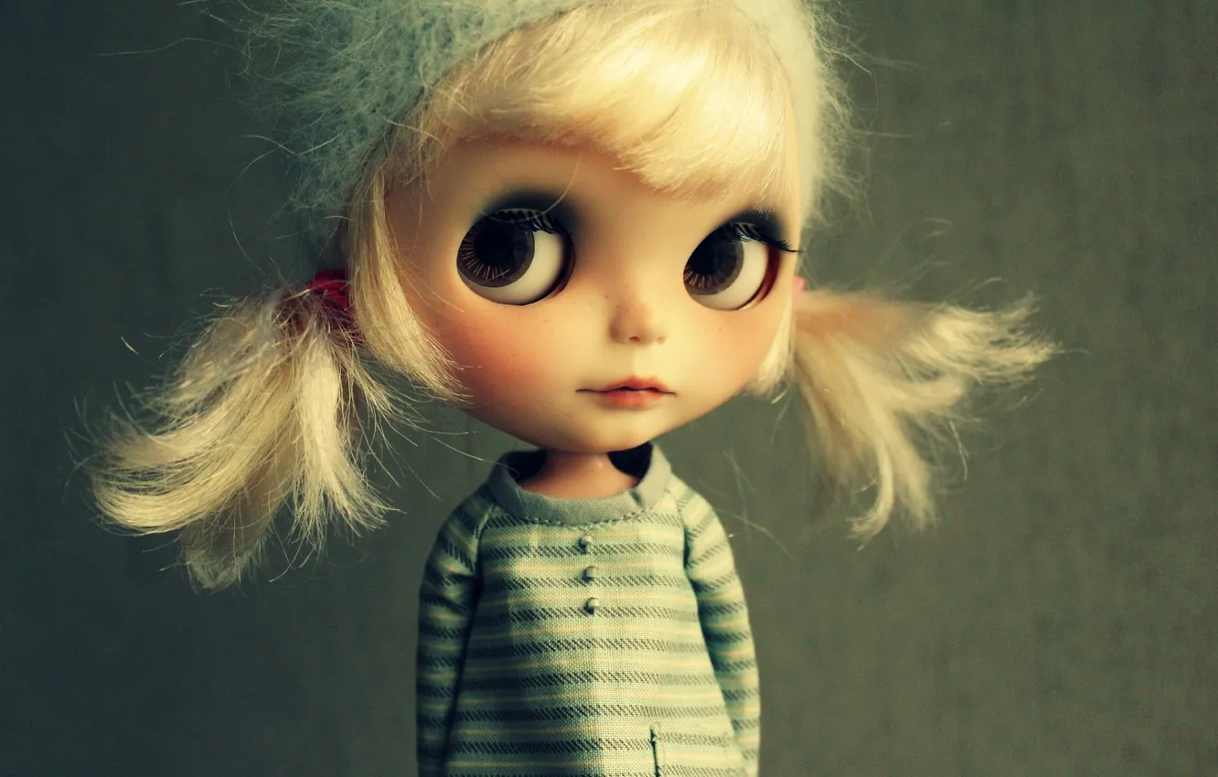 Photo wallpaper eyes, look, face, hat, toy, doll, blonde, jacket