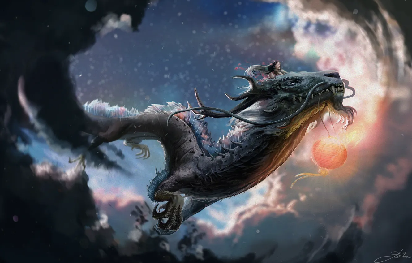 Photo wallpaper flight, dragon, girl, claws, horns, flying, mustache beard, cloudy sky