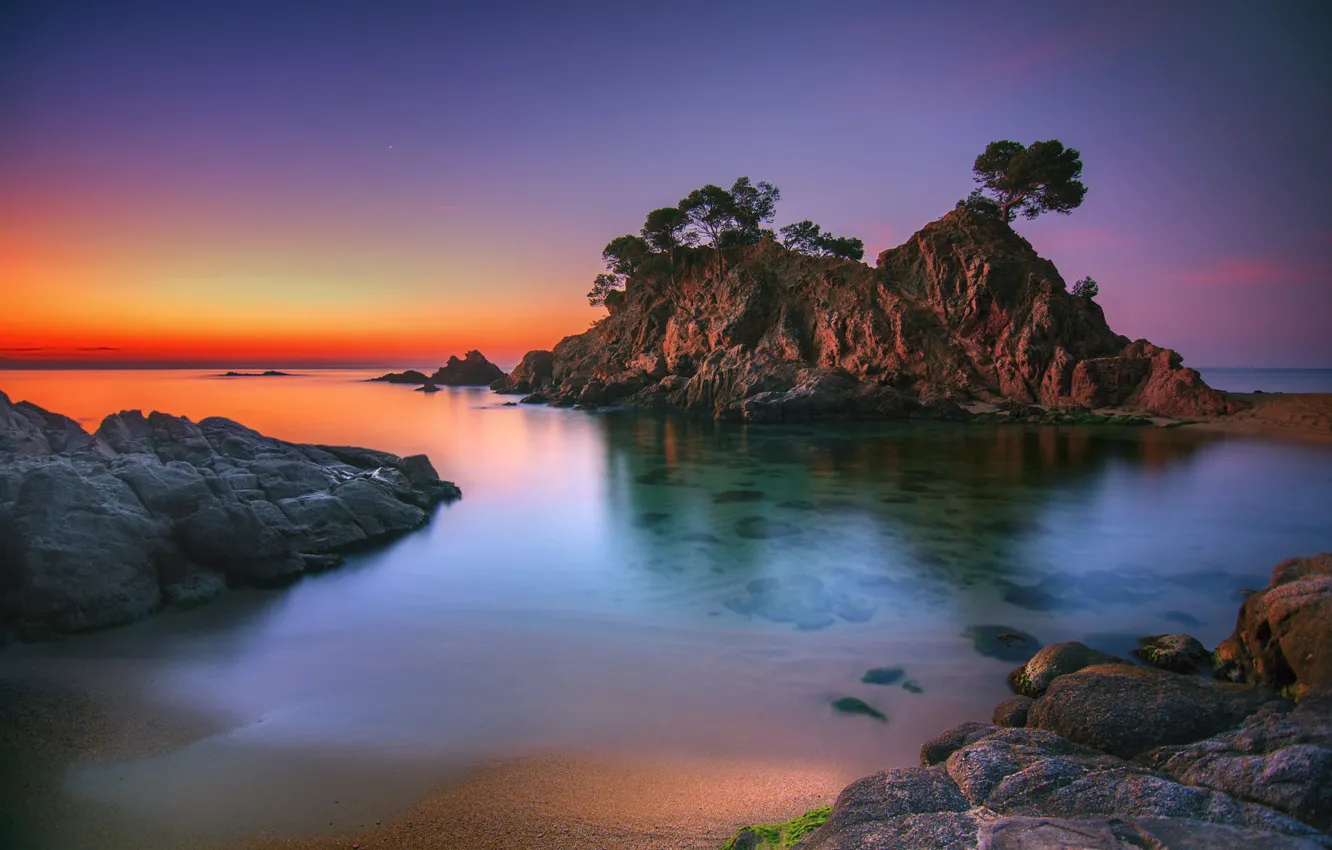 Photo wallpaper sea, trees, landscape, sunset, stones, rocks, dawn, Spain