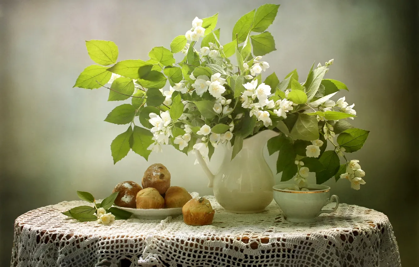 Photo wallpaper tea, still life, cupcakes, Jasmine