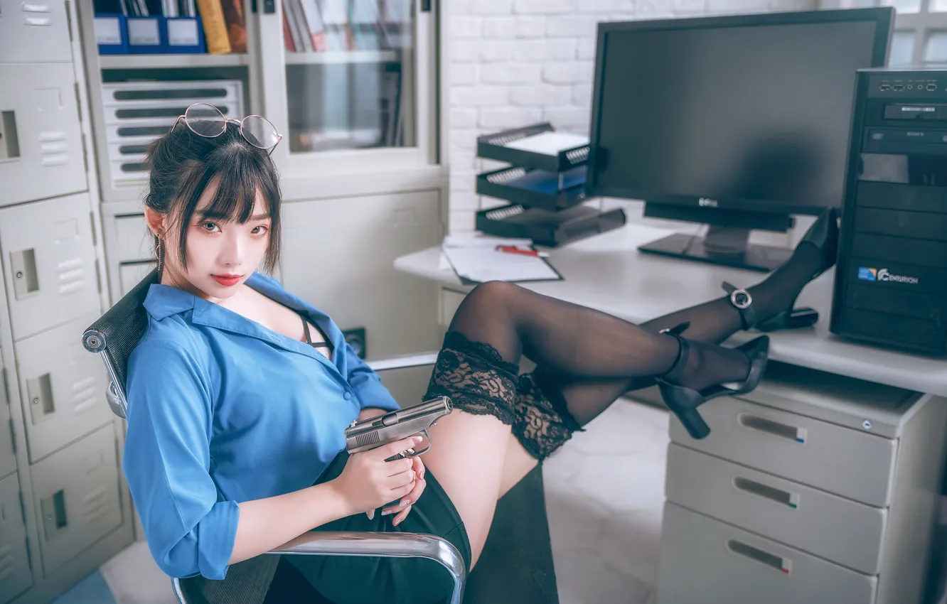 Photo wallpaper look, sexy, pose, gun, model, skirt, portrait, stockings