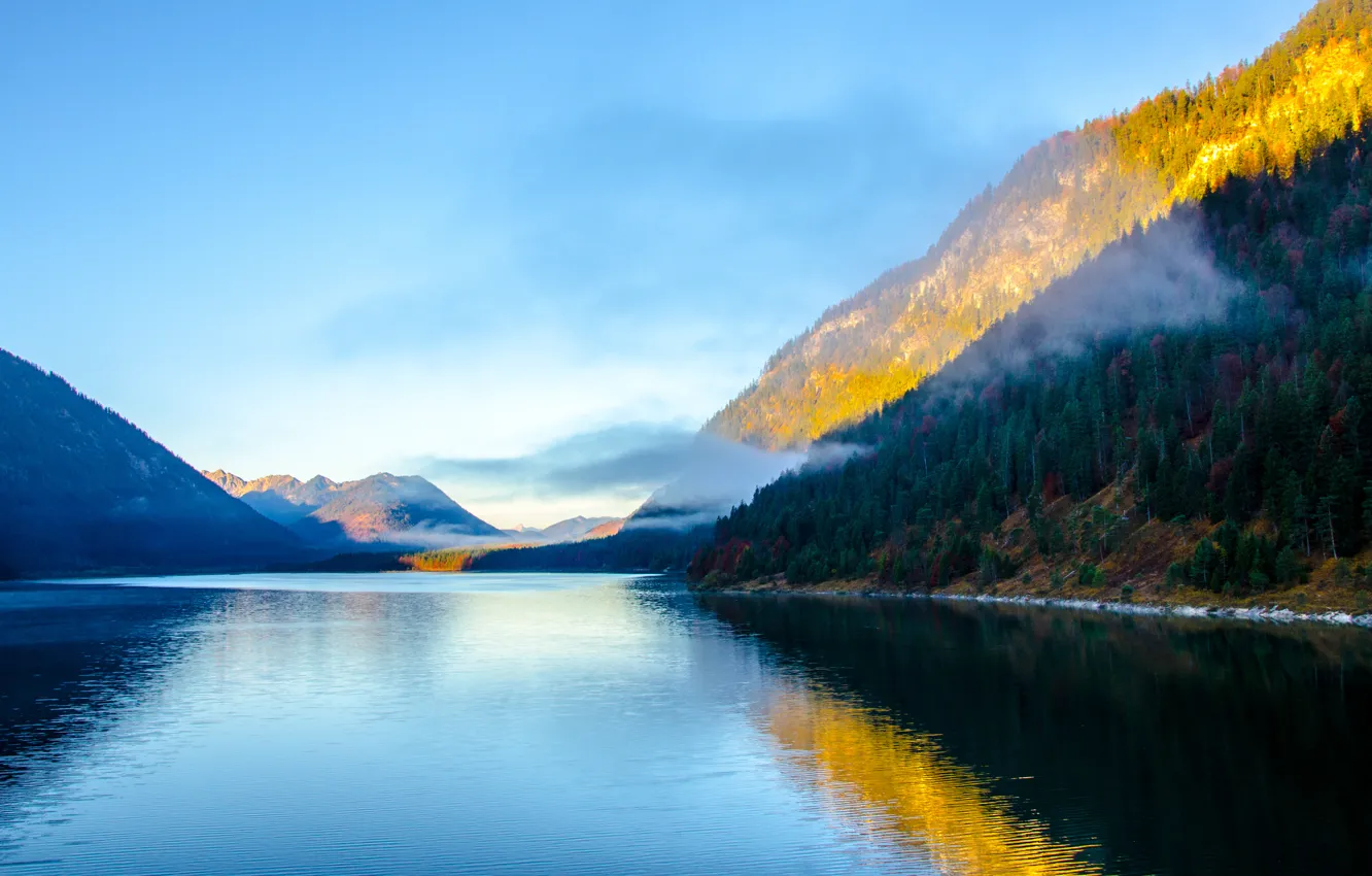 Photo wallpaper fog, lake, hills, Baikal