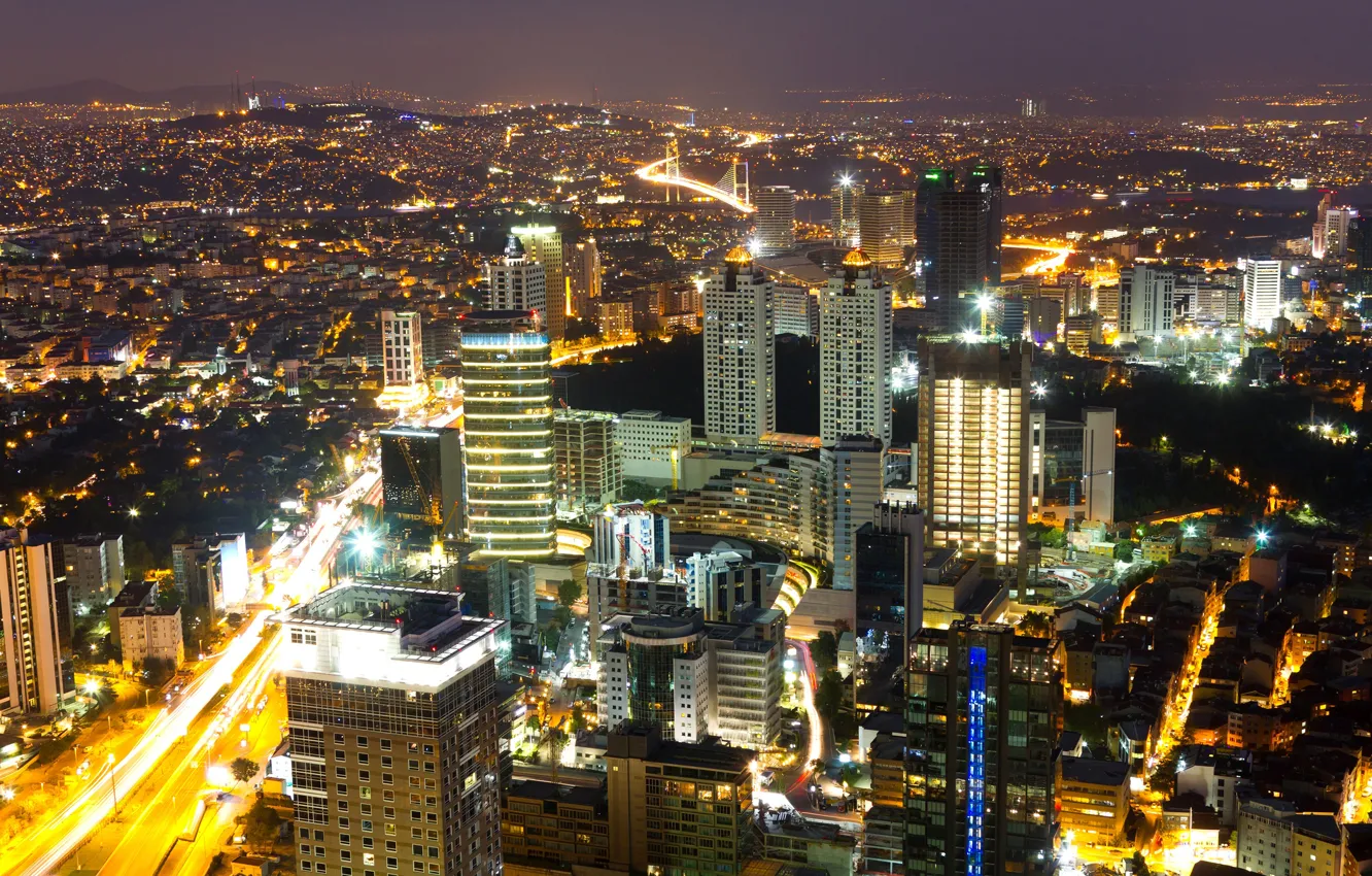 Photo wallpaper night, lights, street, home, panorama, Istanbul, Turkey, illumination