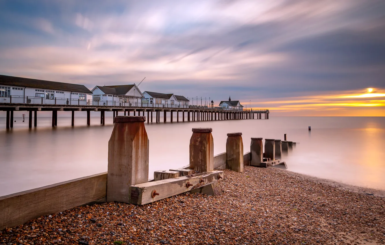 Photo wallpaper beach, sunrise, Southwold Pier