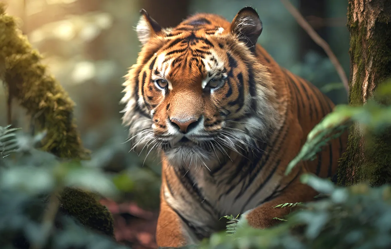 Photo wallpaper look, face, tiger, predator, jungle, big cat, digital art, AI art