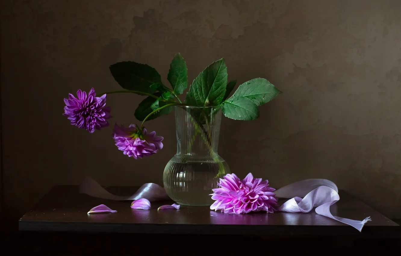 Photo wallpaper leaves, flowers, table, bouquet, petals, tape, vase, pink