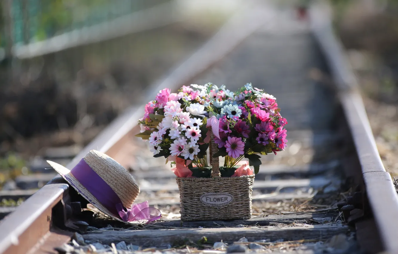 Photo wallpaper flowers, hat, railroad