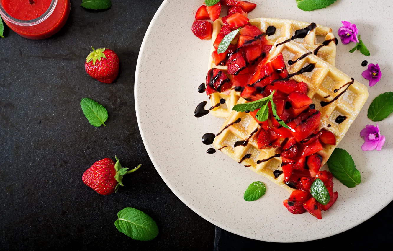 Photo wallpaper Chocolate, Strawberry, Dessert, Waffles