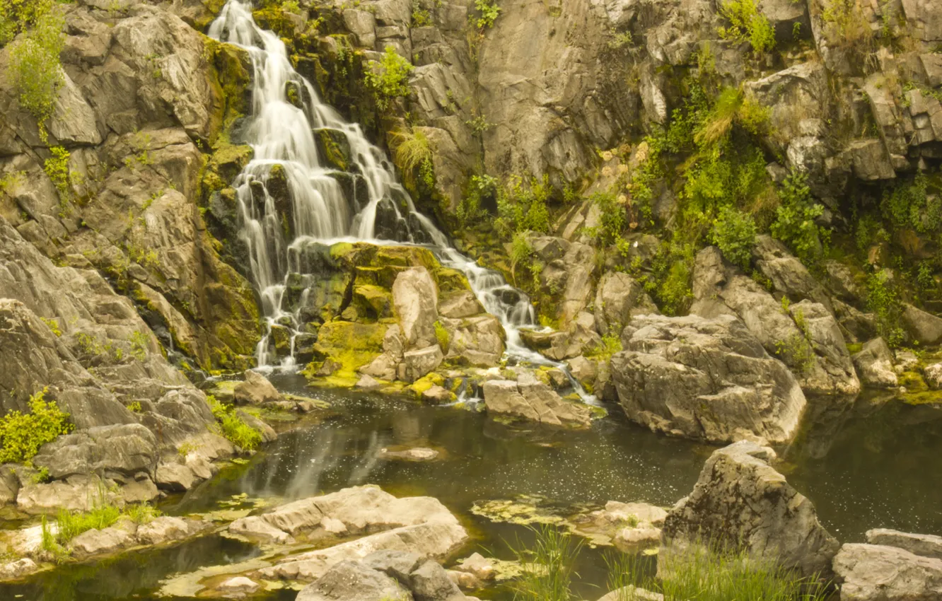 Photo wallpaper greens, water, mountains, squirt, stones, waterfall, brown