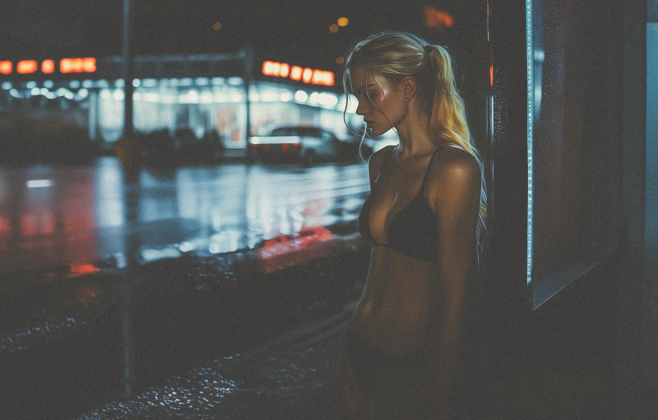 Photo wallpaper women, blonde, reflection, belly, street art, bare shoulders, AI Art, wet street
