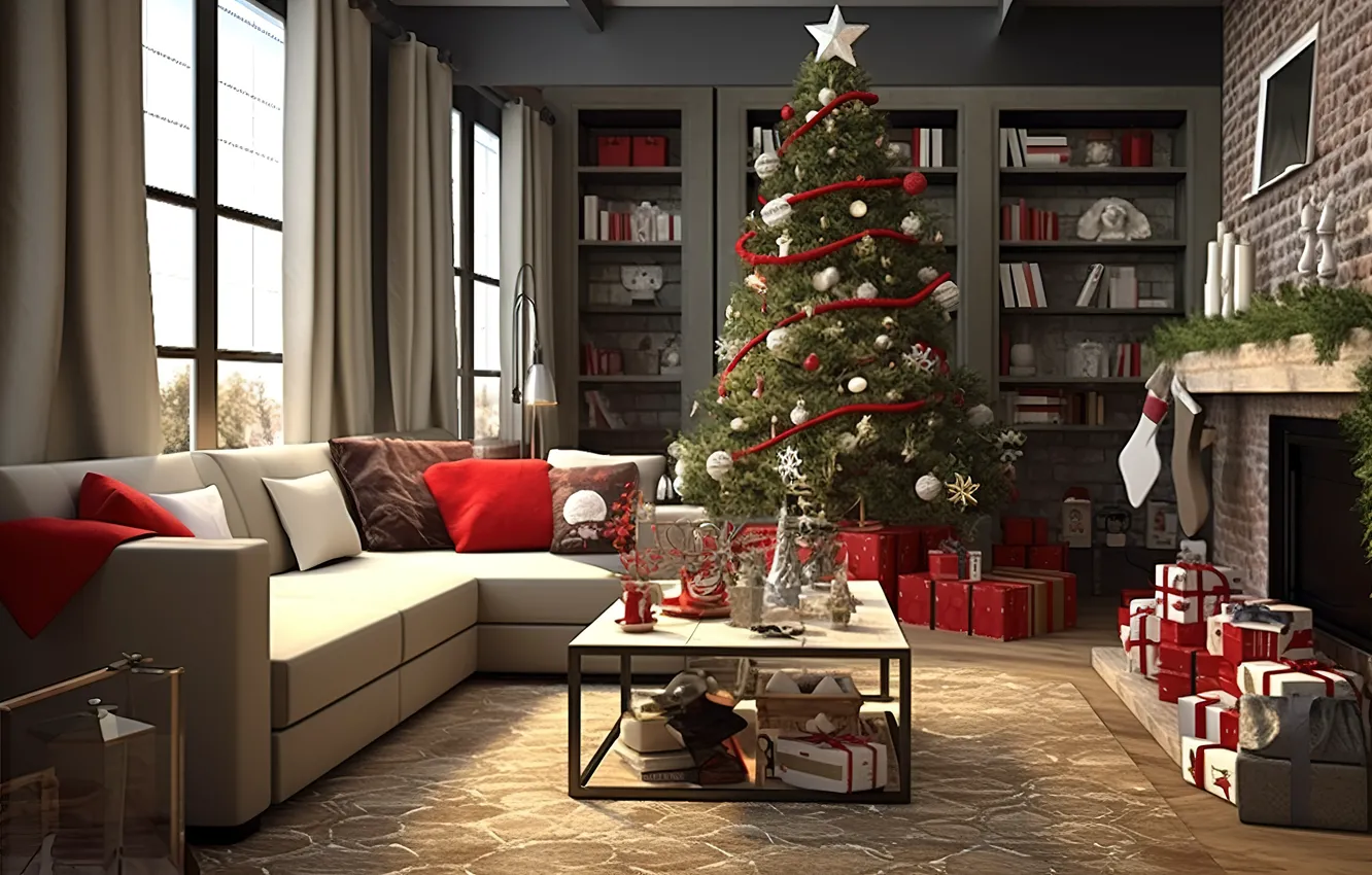 Wallpaper winter, decoration, room, balls, tree, interior, New Year ...