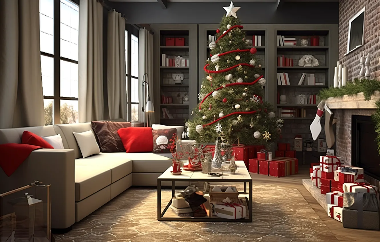 Photo wallpaper winter, decoration, room, gift, balls, tree, new year, interior