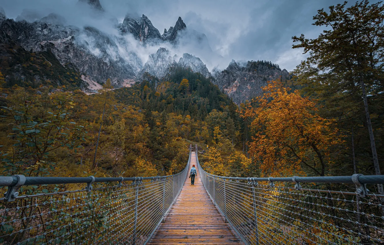 Photo wallpaper autumn, trees, mountains, bridge, people, Austria, Alps, suspension bridge