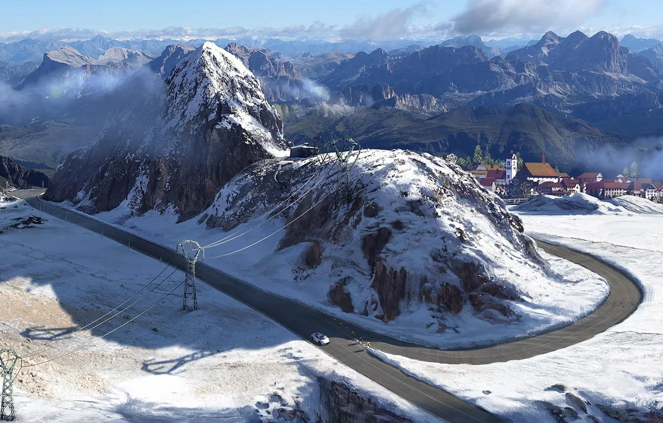 Photo wallpaper road, machine, snow, mountains, art, town, power lines