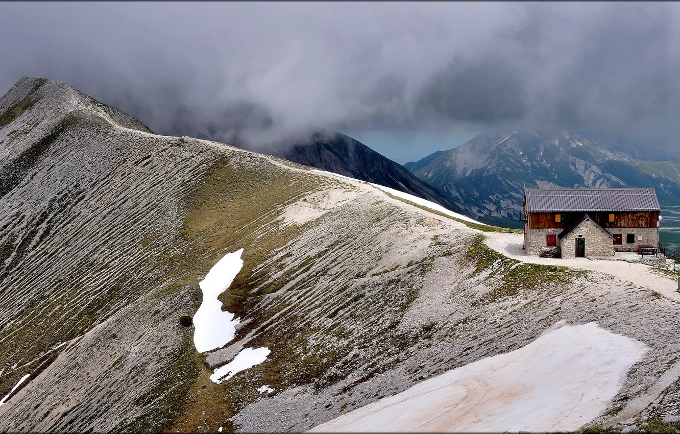 Photo wallpaper snow, mountains, clouds, house, tops