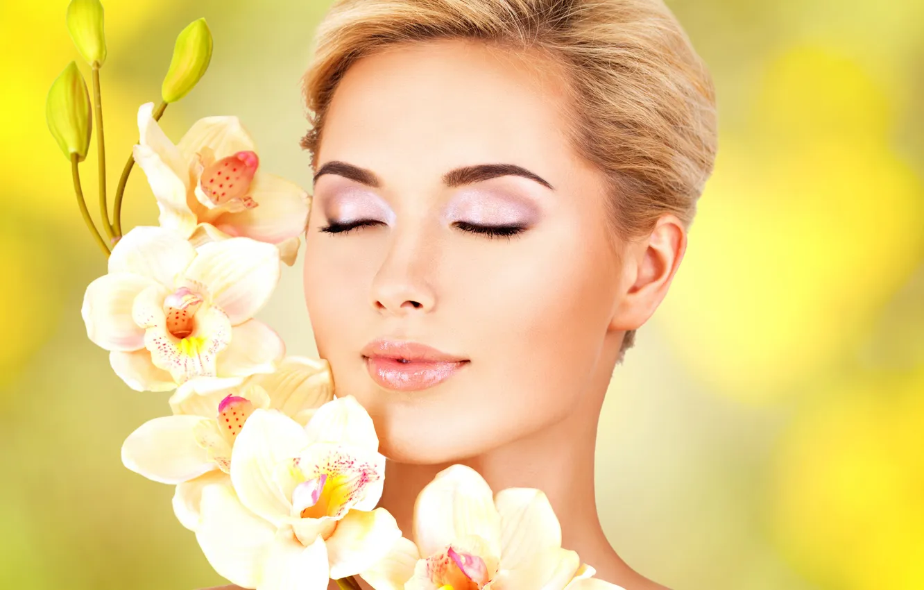 Photo wallpaper flowers, face, haircut, shadow, makeup, lipstick, lips