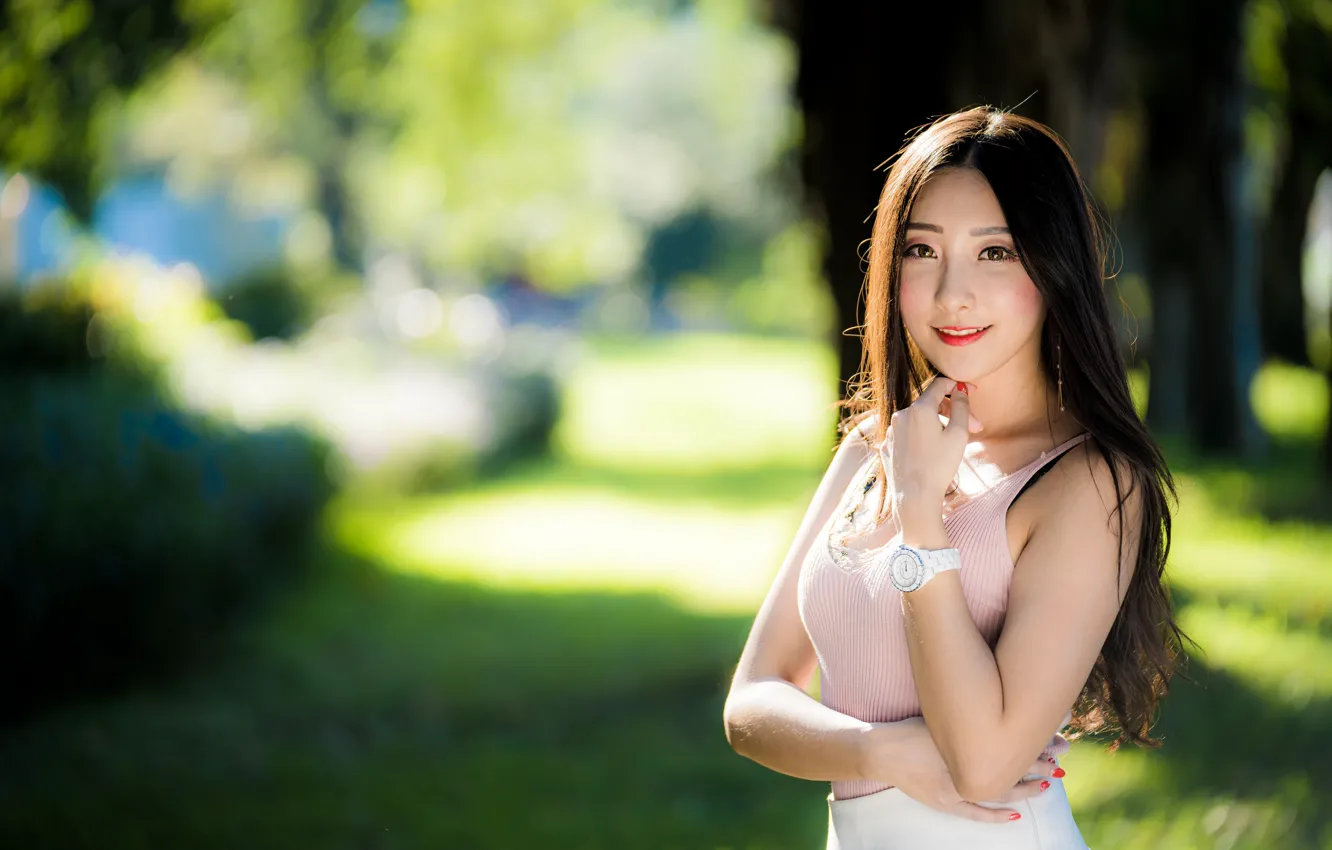 Photo wallpaper girl, smile, Asian, bokeh