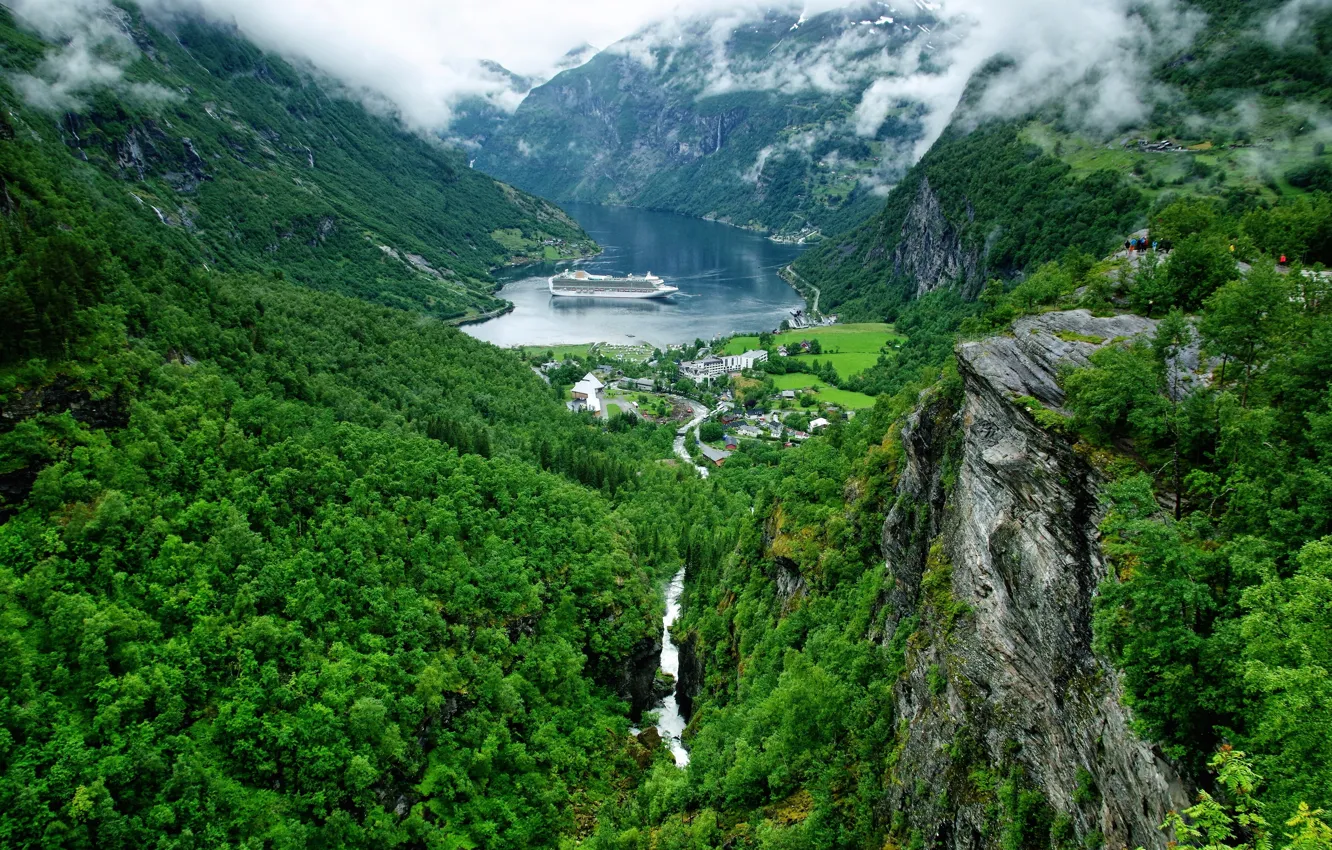 Photo wallpaper mountains, village, Norway, panorama, liner, Norway, the fjord, Ålesund