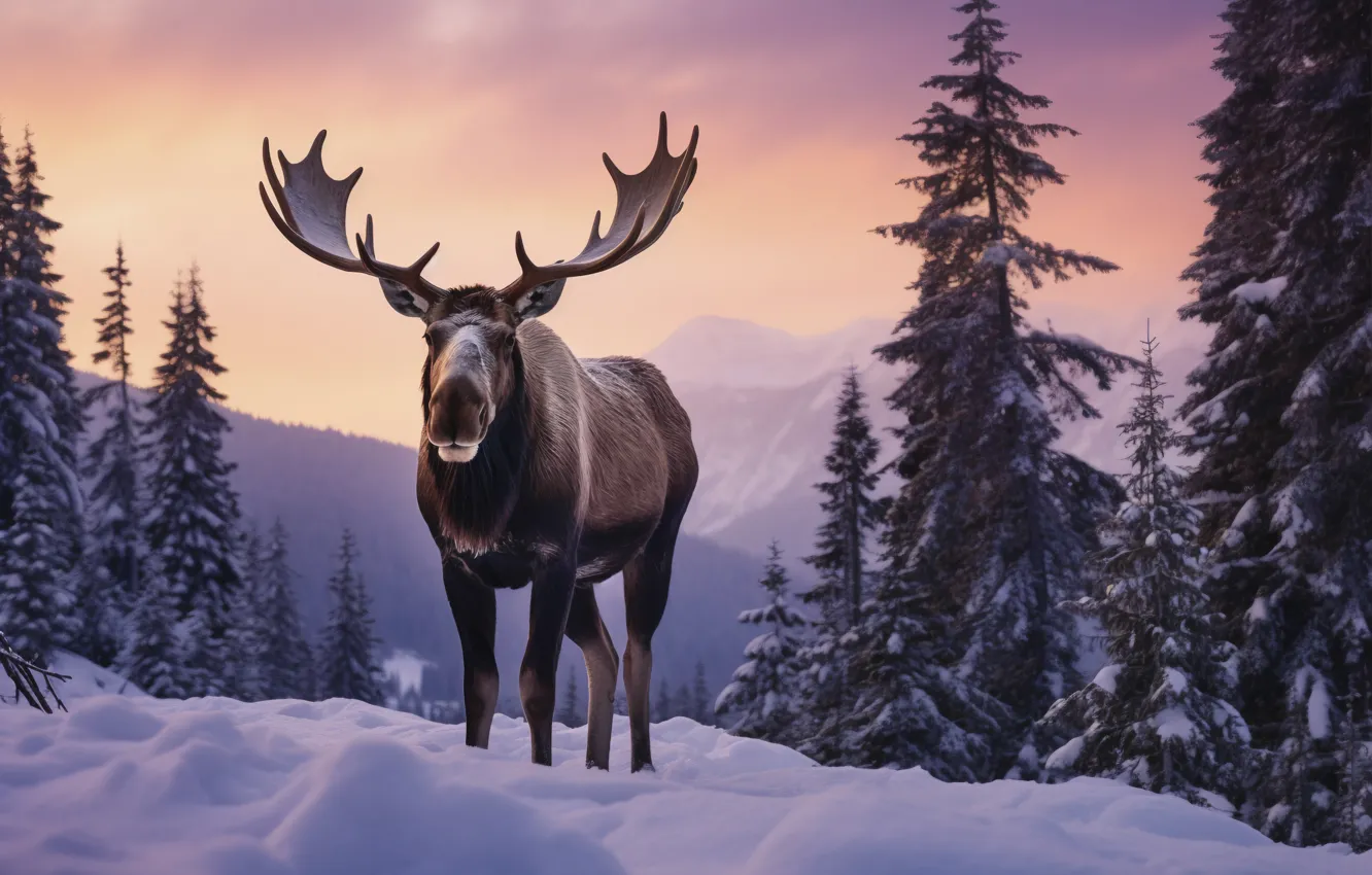 Photo wallpaper winter, forest, snow, nature, the evening, moose, AI art, neural network
