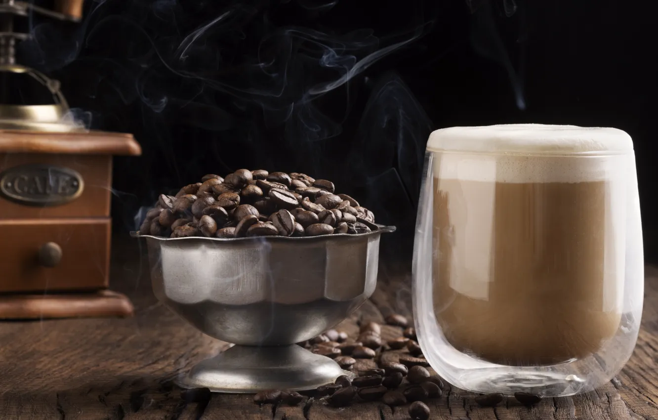 Photo wallpaper glass, Board, glass, coffee, hot, slide, pair, bowl