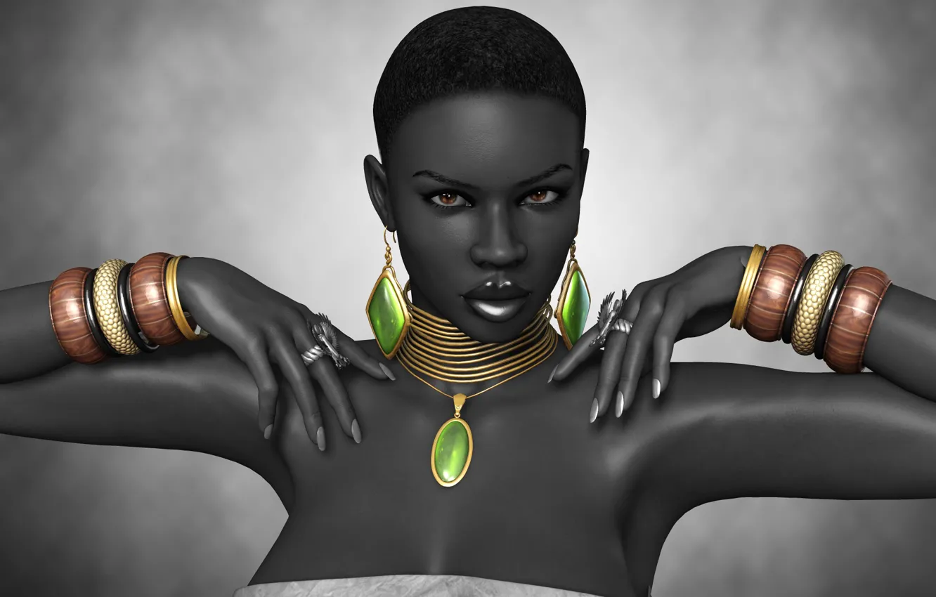 Photo wallpaper girl, rendering, hands, ring, black, decoration, bracelets, Afro