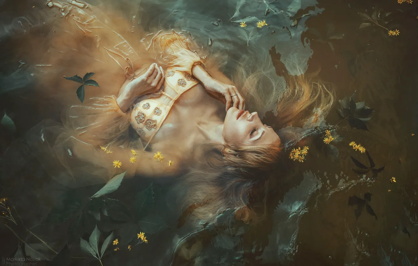 Photo wallpaper leaves, water, girl, flowers, pose, the situation, dress, closed eyes