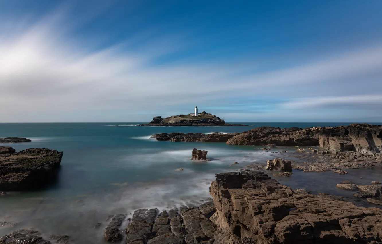 Photo wallpaper sea, the sky, clouds, blue, stones, rocks, shore, lighthouse