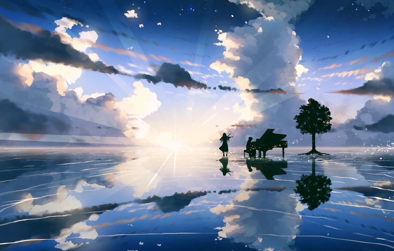Photo wallpaper the sky, music, piano, two