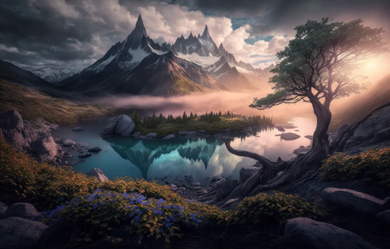 Photo wallpaper clouds, trees, landscape, flowers, mountains, nature, fog, lake