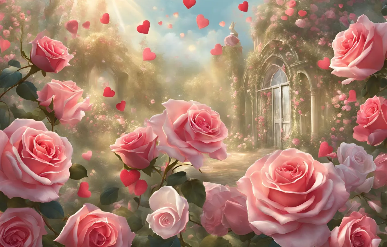 Photo wallpaper the sky, rays, light, love, flowers, holiday, heart, roses