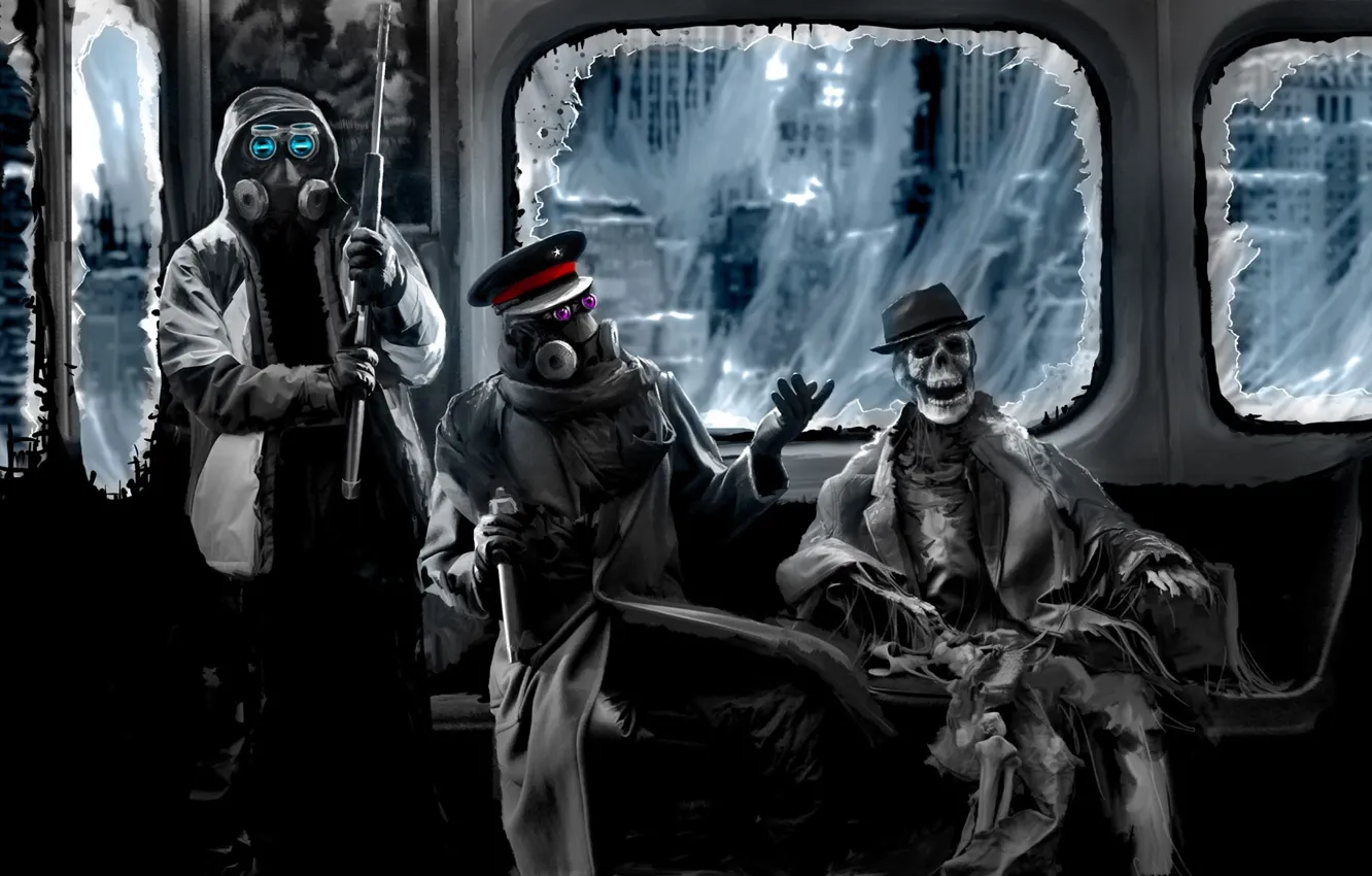 Photo wallpaper metro, web, hat, art, skeleton, gas mask, captain, sniper