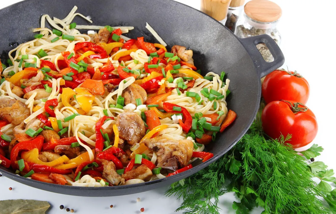 Photo wallpaper mushrooms, dill, vegetables, tomatoes, noodles