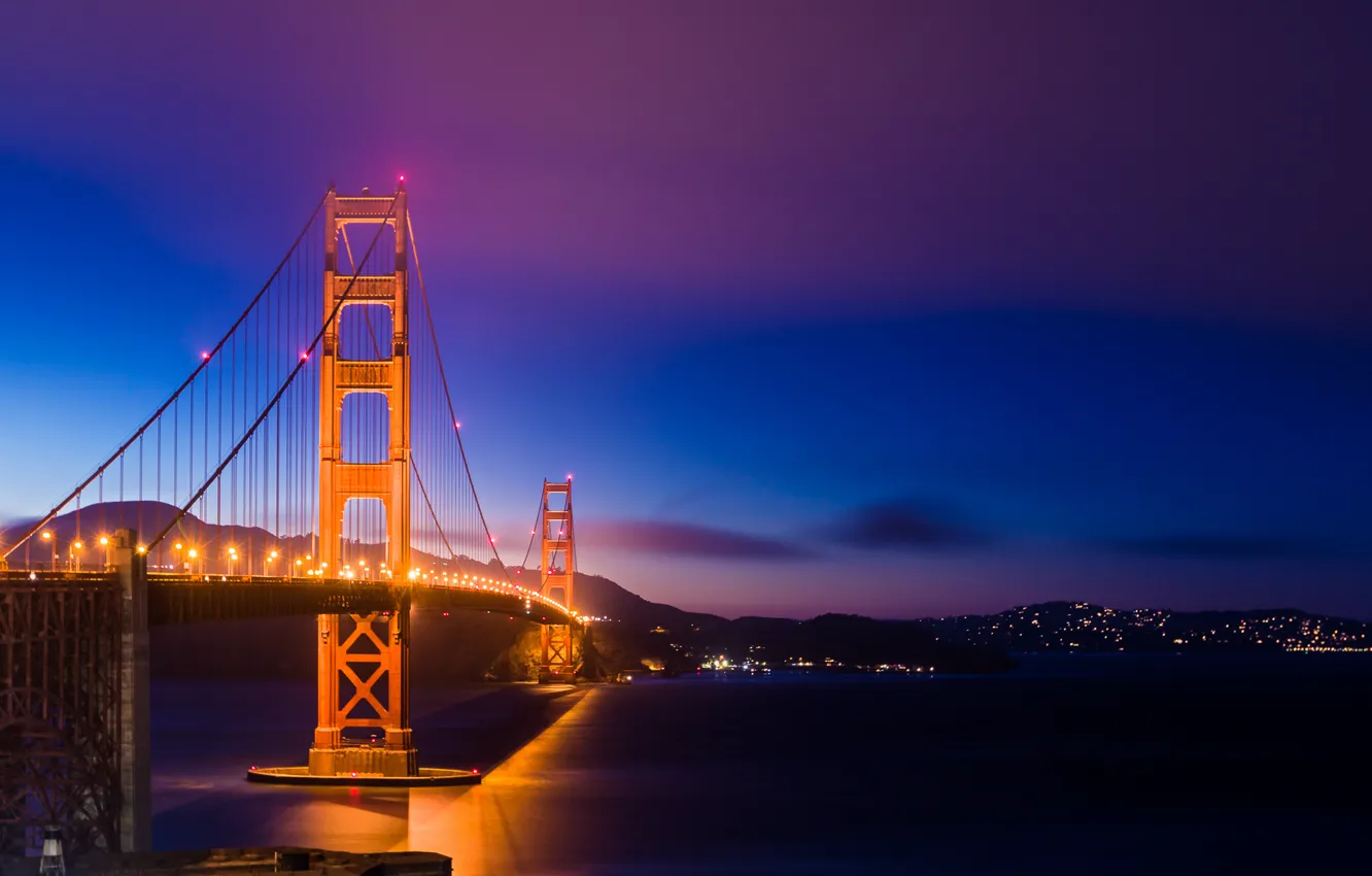 Photo wallpaper purple, the sky, night, blue, bridge, lights, lighting, backlight