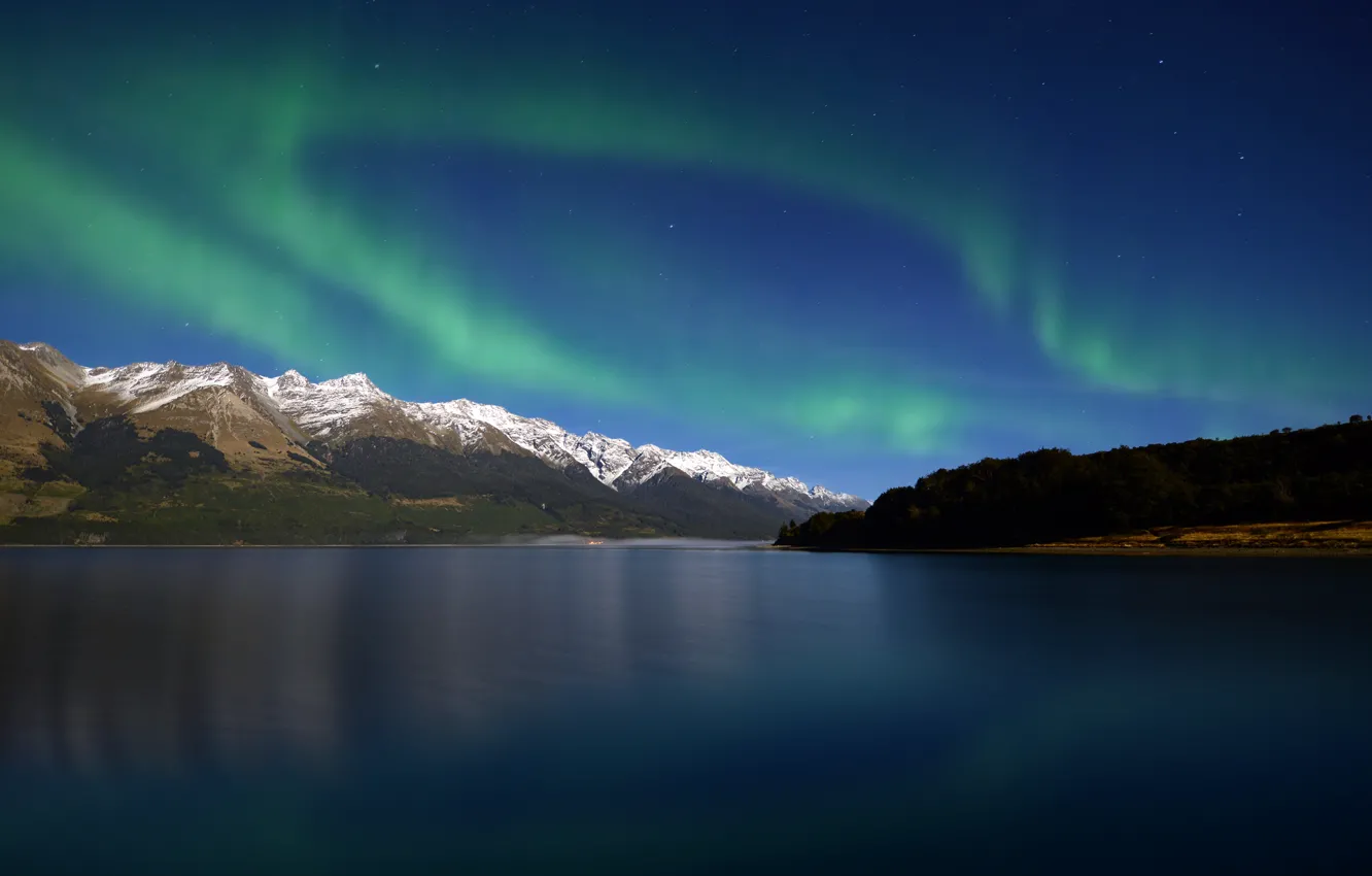 Photo wallpaper forest, the sky, landscape, mountains, night, nature, shore, Northern lights