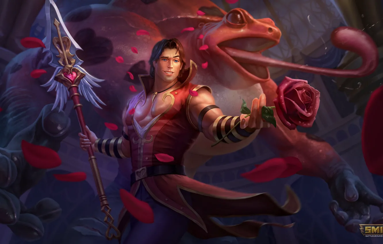 Photo wallpaper rose, frog, guy, toad, spear, Smite, Cu Chulainn