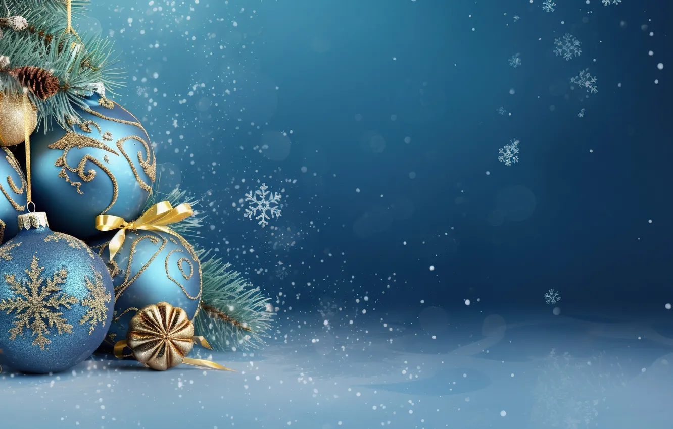 Photo wallpaper winter, snow, decoration, background, balls, New Year, Christmas, golden