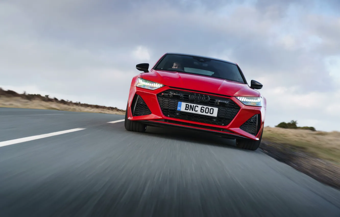 Photo wallpaper road, red, Audi, front, RS 7, 2020, UK version, RS7 Sportback