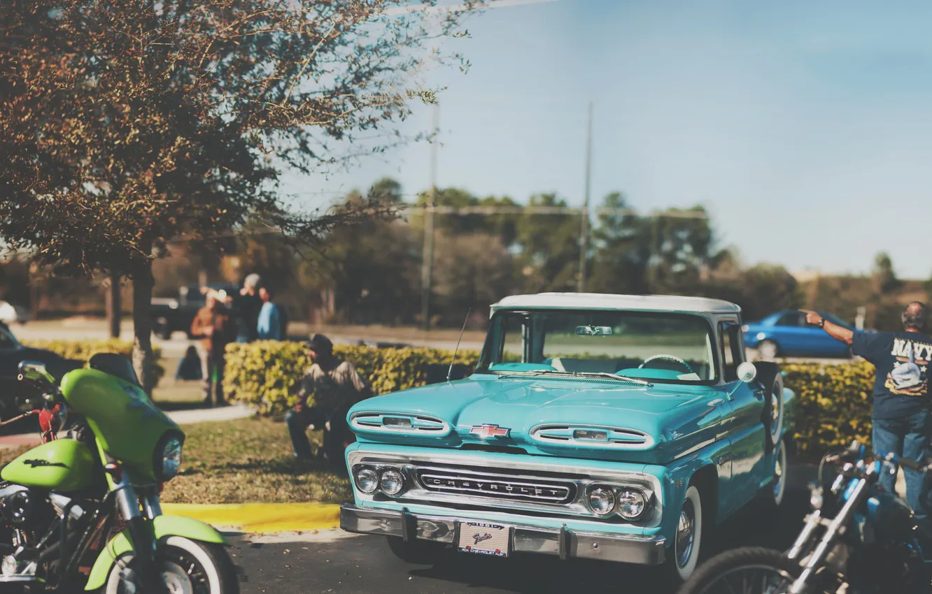 Photo wallpaper Chevrolet, motorcycle, exhibition, Chevrolet, 1961, C10 Stepside