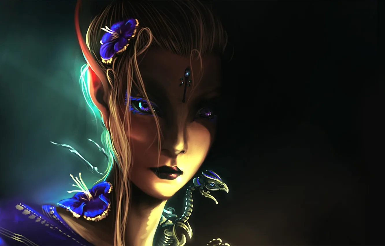 Photo wallpaper girl, flowers, dragon, elf, art, ears