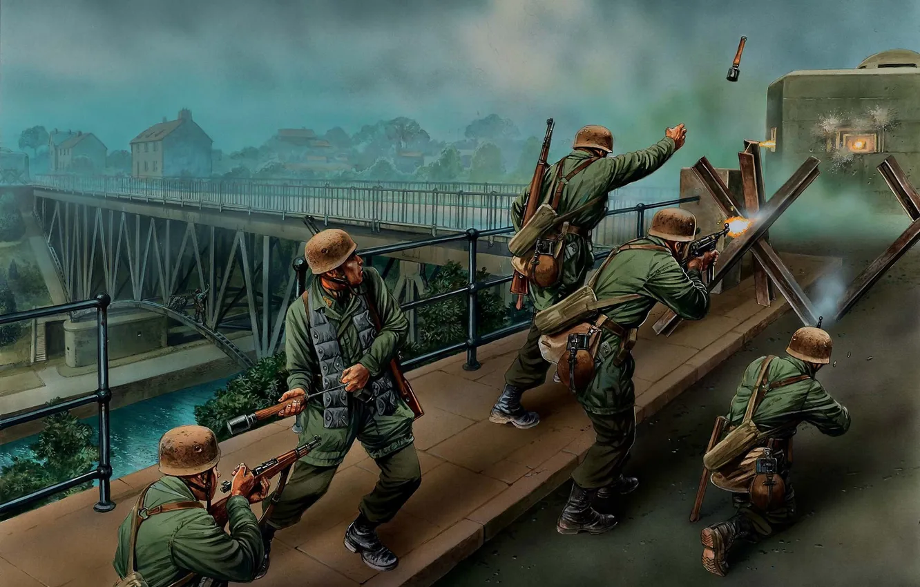 Photo wallpaper bridge, war, art, soldiers, in the morning, world, Second, on the bridge